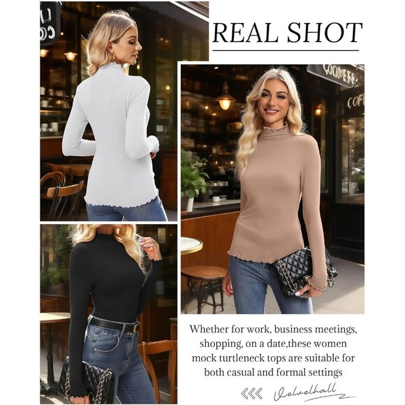 Women's Long Sleeve Mock Turtleneck Tops Pack Lettuce Trim Slim Fit Casual - Picture 6 of 6